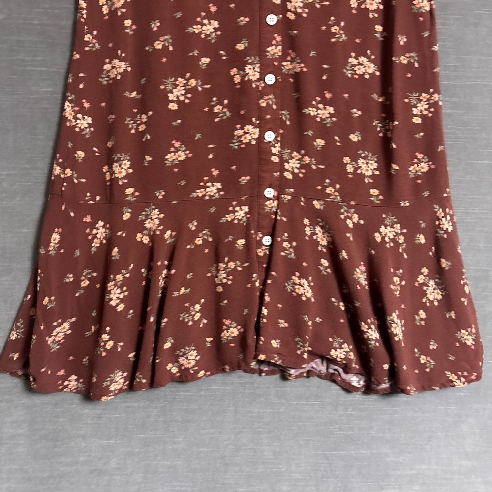 American Eagle Dress M Brown Ditzy Floral Shirtdress Ruffle Shift 90s y2k Retro - Picture 6 of 14